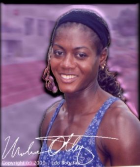First (Upper) Photo: Before or after training practice she smiles - Second Photo: Before her Press Conference on July 5. 2000 she was (and with a good reason!) a proud, shiny winner against IAAF Administration