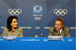 ATHENS 2004 President, Gianna Angelopoulos-Daskalaki, with IOC Coordination Commission President, Denis Oswald, at todays Press Conference.   ATHOC / PHOTO: A.N.A / A. VLACHOS