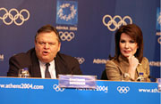 ATHENS 2004 President Gianna Angelopoulos-Daskalaki and Minister of Culture Evangelos Venizelos, at the Press Conference on City Operations at Games-time.  ATHOC / PHOTO: G. PRINOS