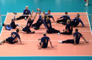 General View of action during Netherlands v Germany match in the men's Sitting Volleyball preliminaries during the 2000 Paralympic Games.  Matt Turner/Allsport
