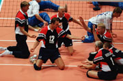 Johan Verstappen of Netherlands celebrates a point during the match between Finland v Netherlands in the Men's Sitting Volleyball quarterfinals during the 2000 Paralympic Games.  Adam Pretty/Allsport