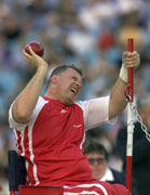 Georg Tischler of Austria in action whilst winning the silver medal in the mens Shot Put in class 54 during the Sydney 2000 Paralympic Games.  Jamie Squire/Allsport