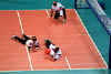 Picture from a men's goalball game between England and Finland at the 2000 Paralympic Games in Sydney.  Allsport