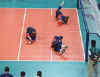 Picture from a men's goalball game between USA and Denmark at the 2000 Paralympic Games in Sydney.  Allsport